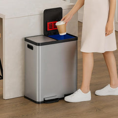 16-gallon contact-free trash and recycling bins, made of stainless steel, with a double compartment design (each compartment holds 8 gallons), suitable for recycling and waste disposal in the kitchen.