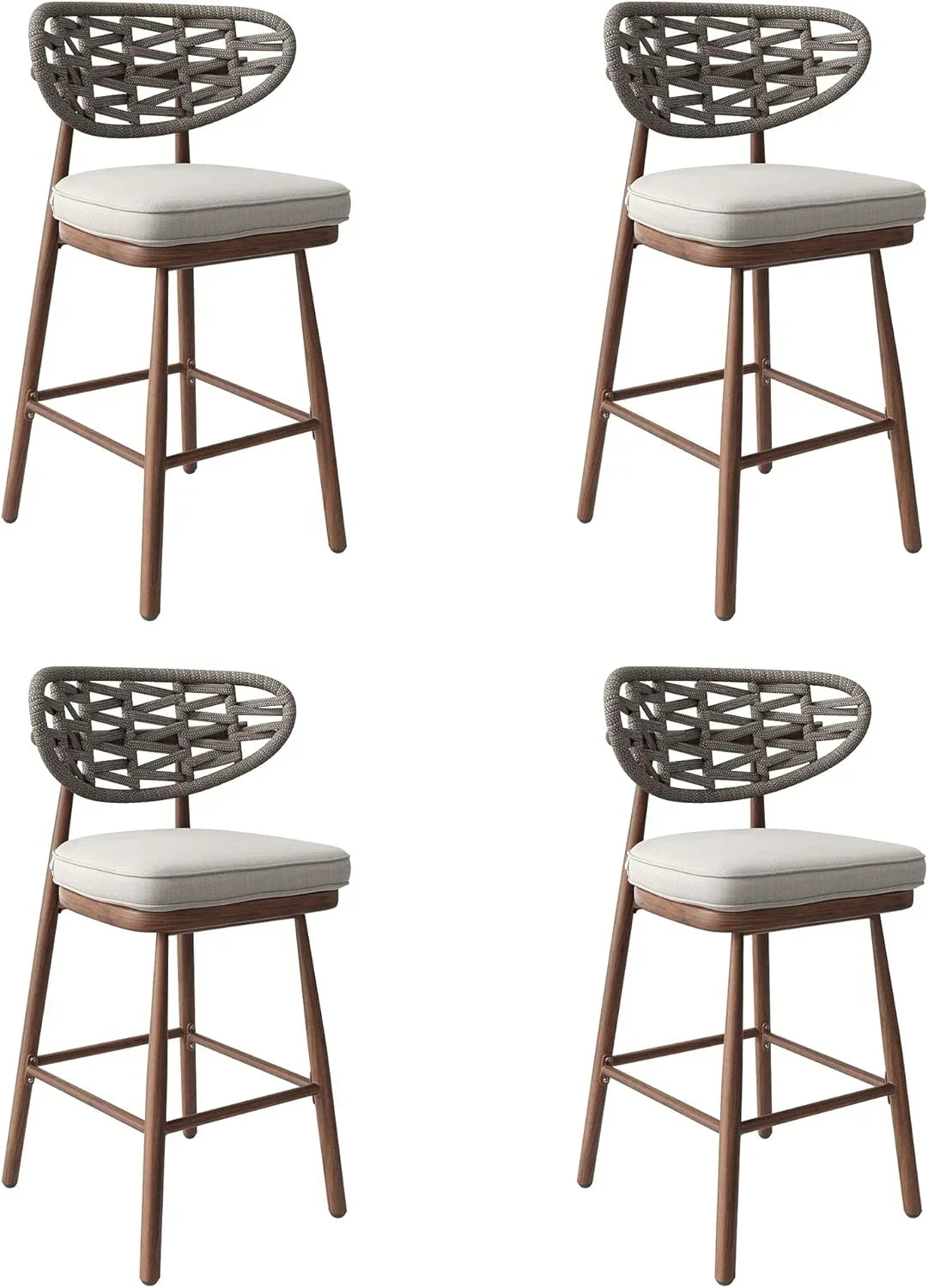 Outdoor Bar Stools Set of 2,Rattan Barstools Woven,29'' Bar Height Stools with Backrest and Teak Leg,Aluminum Bar Chairs Boho Bar Stool with Cushions,Tall Barstool for Patio,Teak