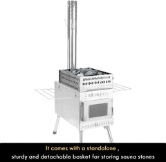 Outdoor sauna hot water tent stove, rocket-type heater, portable camping wood stove, cooking equipment for dry sauna, cooking tools suitable for husbands and friends