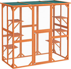 Wiltec Freilaufgehege Katzen 168 x 82 x 166,5 cm mit 6 Liegeflächen, wetterfestes Katzengehege Garten, Katzenhaus mit Drahtgitter und Bitumen Dach