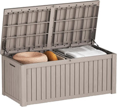 260-gallon large outdoor storage XL outdoor box, suitable for garden furniture, outdoor cushions, garden tools, sports equipment and pool supplies. Made of waterproof resin material, lockable, in gray color scheme.