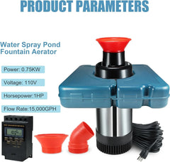 Pool fountain aerator, F2-2 type, 1 horsepower, 750 watts, 110 volts, stainless steel floating fountain, equipped with 100 feet power cord, suitable for fountain waterfalls pumps and hydraulic systems in small and large ponds and lakes.
