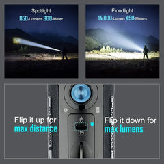 2 rechargeable handheld flashlights with 14000 lumens ultra-bright light and 3 times built-in battery pack for home, outdoor and emergency use.