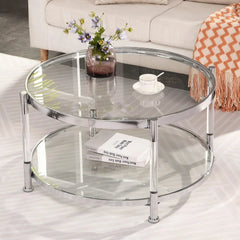 A round coffee table with a metal frame, the surface is made of chrome-plated acrylic glass.
