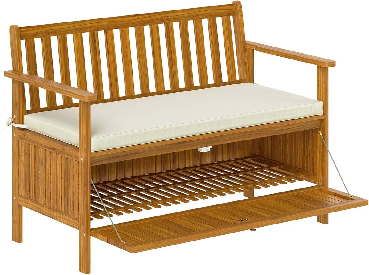 Outdoor bench with storage box, 28-gallon outdoor storage bench, garden seat made of rosewood with cushion, suitable for parks, balconies, and terraces, double-person outdoor furniture, made of teak material