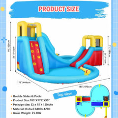 Inflatable Water Slide, 6 in 1 Outdoor Inflatable Water Park with Climbing, Basketball Rim, Splash Pool, Water Cannon, Blow up Water Slides for Kids Backyard