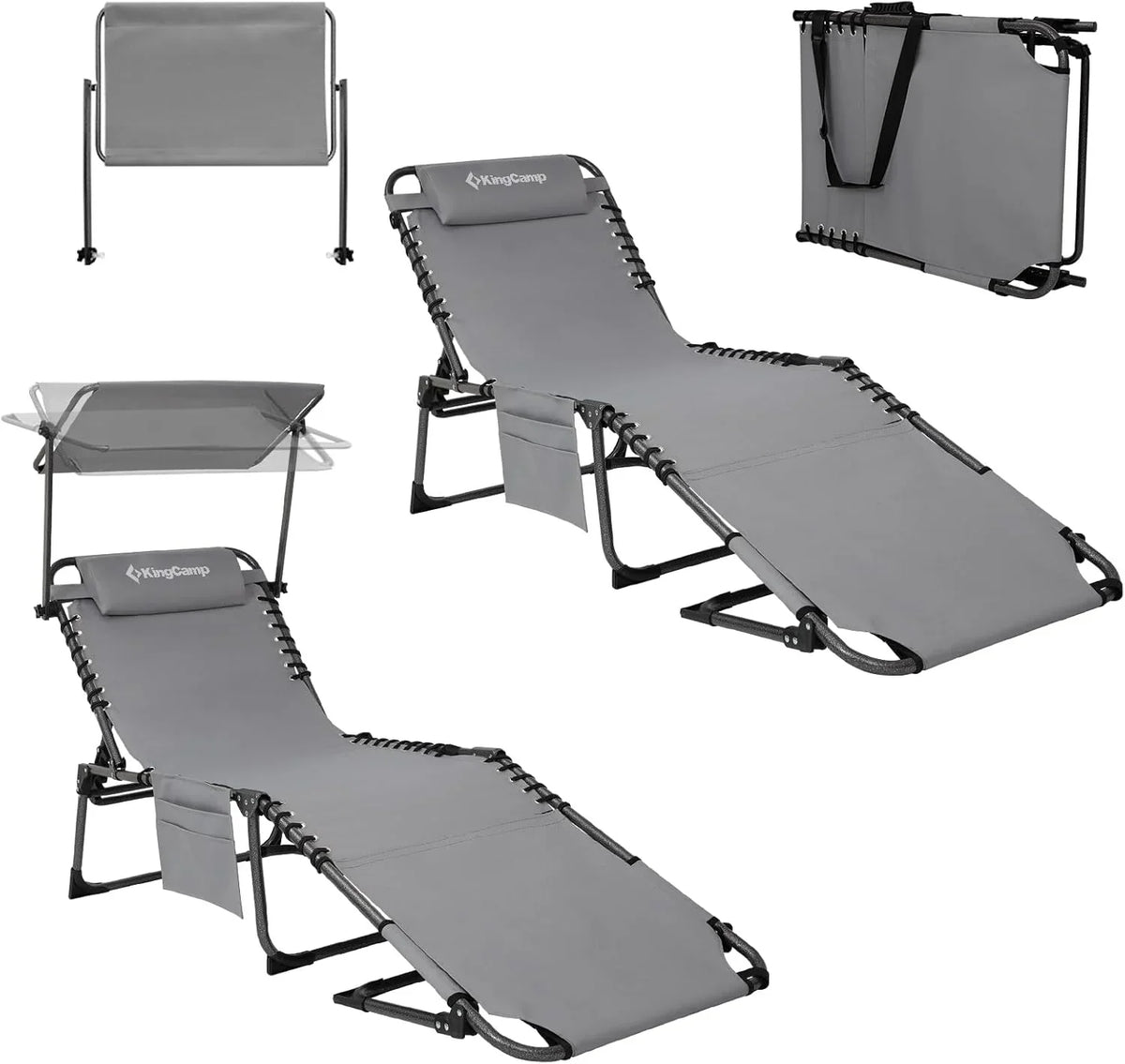 2-Seater Sun Chair with Facial Opening, Outdoor Foldable Portable Lounge Chair, Adjustable Five-Legged Folding Chair, With Sunshade, Suitable for Outdoor Beach, Gray Version
