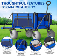 Beach Wagon with Big Wheels for Sand - 450lbs Load Heavy Duty Wagons Carts Foldable with 9" All Terrain Inflatable Tires, Collapsible Beach Cart for Grocery Shopping Garden Sports Camping Outdoor