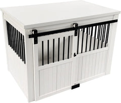 Farm sliding cowshed door furniture-style dog cage - antique white, large size. Unique style, durable and sturdy. Removable seat cushion. Easy to assemble.