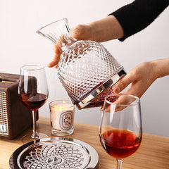 Glass Wine Decanter with Metal Display Stand for Wine Aeration and Tabletop Storage