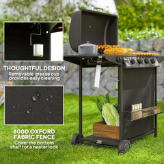 4 1 Burner Propane Gas BBQ Grill, Portable Gas Barbecue Grill with Side Burner, Thermometer, Lid, Side Table, Shelf, Spice Rack, Wheels, Grease Cup for Garden, Black