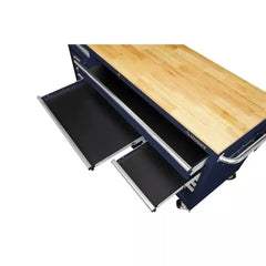 72-Inch 18-Drawer Mobile Workbench with Solid Wood Top, Gloss Blue