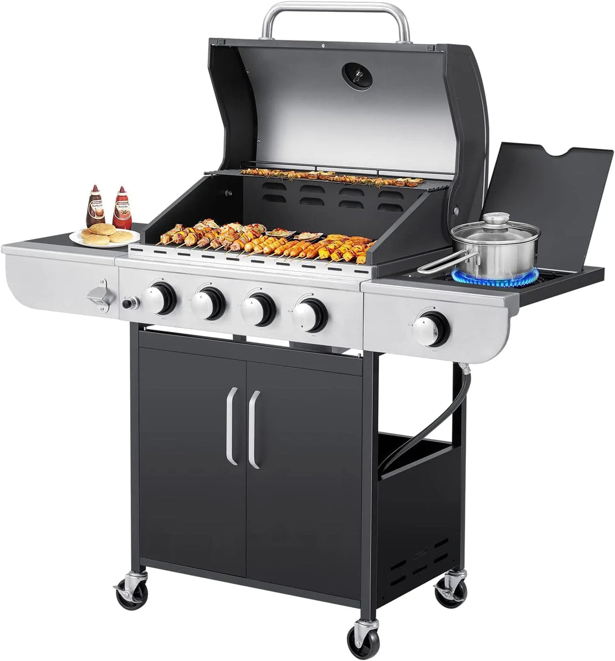4-Burner Propane Gas Grill with Cast Iron Grates, Side Stove and 44,000 BTU Stainless Steel Burners