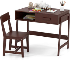 Kids Desk and Chair Set, Wooden Children School Study Table and Chair w/Storage Drawer & Hutch, Student Writing Desk Computer Workstation for Bedroom, Gift for 3 Years Old (White)