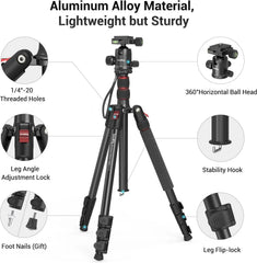 71" Foldable Aluminum Camera Tripod and Monopod, Adjustable Photography Tripod Stand for Cameras and Video