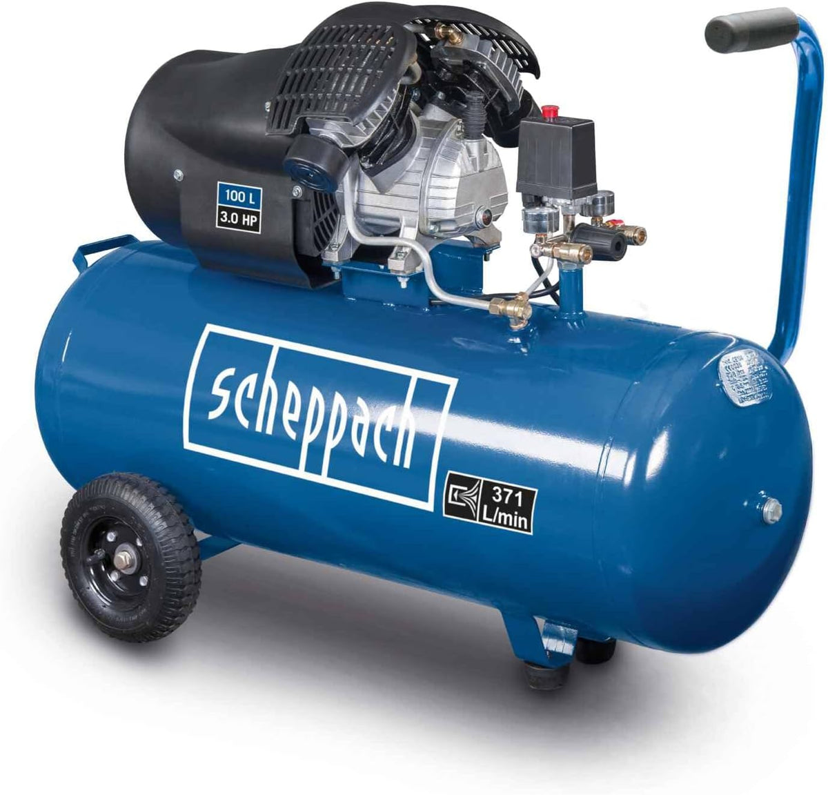 Scheppach Druckluft Kompressor HC120DC ölgeschmiert und langlebig 2200W Leistung 100L Kessel max. 10bar Druck 371L Ansaugleistung mit Fahrvorrichtung,