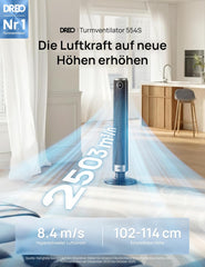 DREO Smart 102–114cm Turmventilator fürs Schlafzimmer, Höhenverstellbar, 8.4m/s, DC-Motor, 9 Stufen, 4 Modi, 90°-Oszillation, Standventilator, 20dB