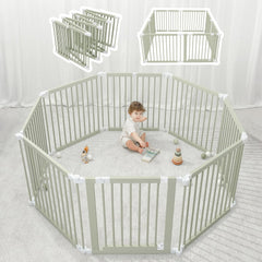 Baby Playpen & Gate - 144 x 144 x 63 cm, Extends Up to 579 cm - Pine Wood Foldable Playpen with Child-Proof Lock - Safe Play Fence Easy Assembly Baby Play Yard - Light Wood White