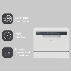 Candy CP 6E51LW Lavavajillas Pequeño y Compacto, 6 Servicios, Digital, 51DBA, 5 Ciclos, Media Carga, Inicio Diferido 3-6-9 horas, Indicador Sal y