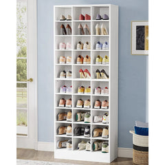 10-Tier Tall Shoe Cabinet, 30-Pair White Wood Shoe Storage Rack for Entryway and Closet