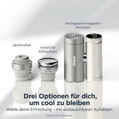 Shark ChillPill 3-in-1-Hochgeschwindigkeits-Handventilator-, Sprühnebel- und InstaChill-System Paket mit Reise-Etui, mit 3 Kühlaufsätzen,