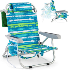 COSTWAY Silla Plegable de Playa, Tumbona con 5 Posiciones, Portavasos, Bolsillos de Almacenamiento, Correas de Hombro, Soporte para Toallas, Almohada,