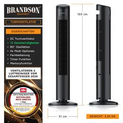 Brandson - Turmventilator – sehr leise - Schlaf Modus – Sieger Ventilatoren und Luftkühler 2026-12 Geschwindigkeitsstufen – Oszillation – mit